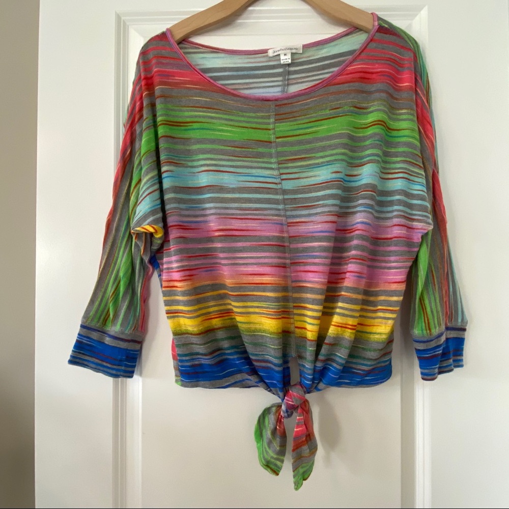 JohnPaulRichard Colorful Striped Tie Front Knit Sweater/Top